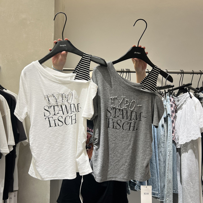 单品DANPIN 港式辣妹斜肩露肩字母印花短袖T恤夏季松弛感半袖上衣