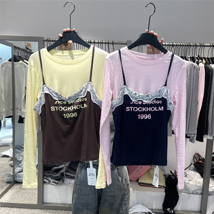 显瘦短款 蕾丝吊带叠穿字母印花修身 上衣少女感两件套t恤 韩式 917