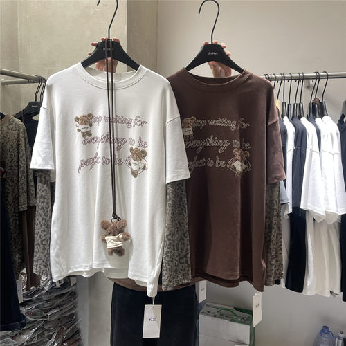 DANPIN单品 东大门可爱小熊英文印花长袖T恤女袖子拼接上衣配挂件