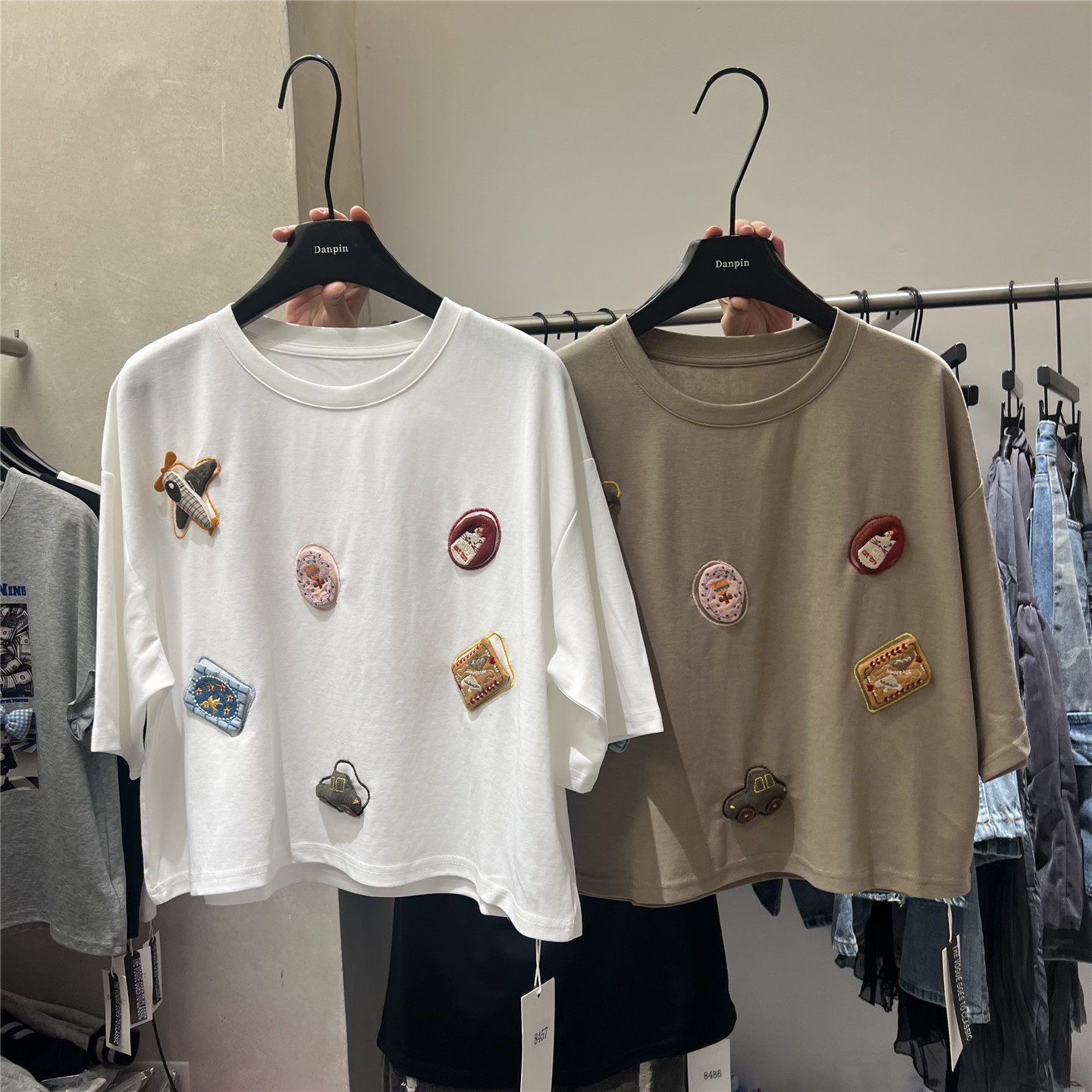 单品danpin 童趣卡通贴布刺绣短袖T恤女夏季新款短款宽松减龄上衣