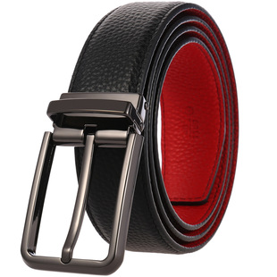 本命年针扣皮带外黑内红裤带纯牛皮青年爸爸可下扣头男女休闲腰带