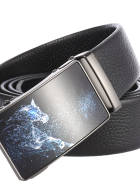 时尚男自动扣发光蓝色马头皮带真皮腰带头层软牛皮裤带平滑扣裤带