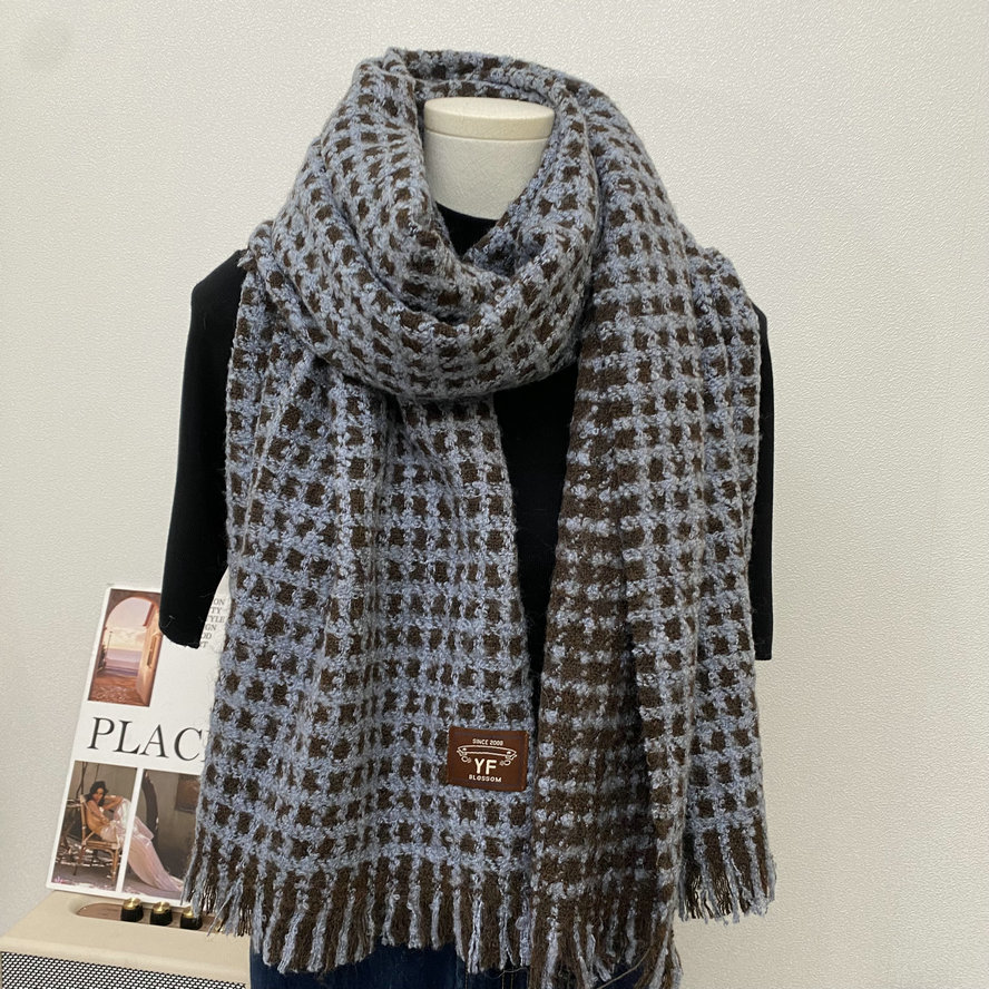 小香风双面格子冬季复古长款围巾