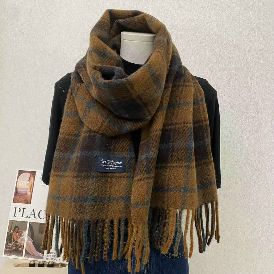 新款日系焦糖橘酒红拼色格子围巾