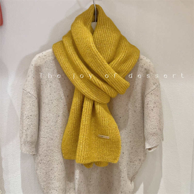 秋冬新款澳洲羊毛混纺姜黄色情侣款针织围巾软糯复古纯色围脖学生