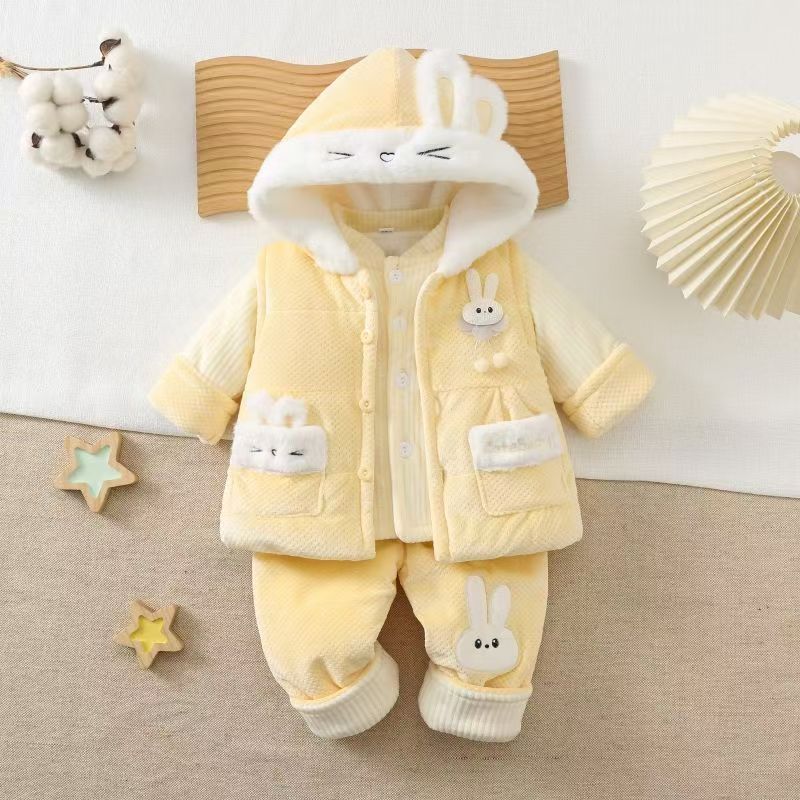 女宝宝秋冬装0一1岁半童孩小婴儿分体冬款薄夹棉衣服三件套装秋季