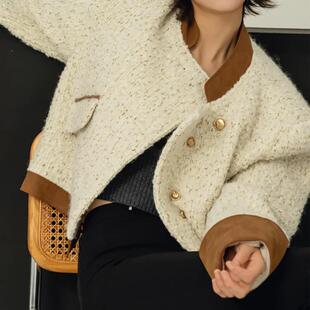 现货厂家 设计混色慵懒羊毛卷高JI廓形毛呢短外套女 拼接挽袖