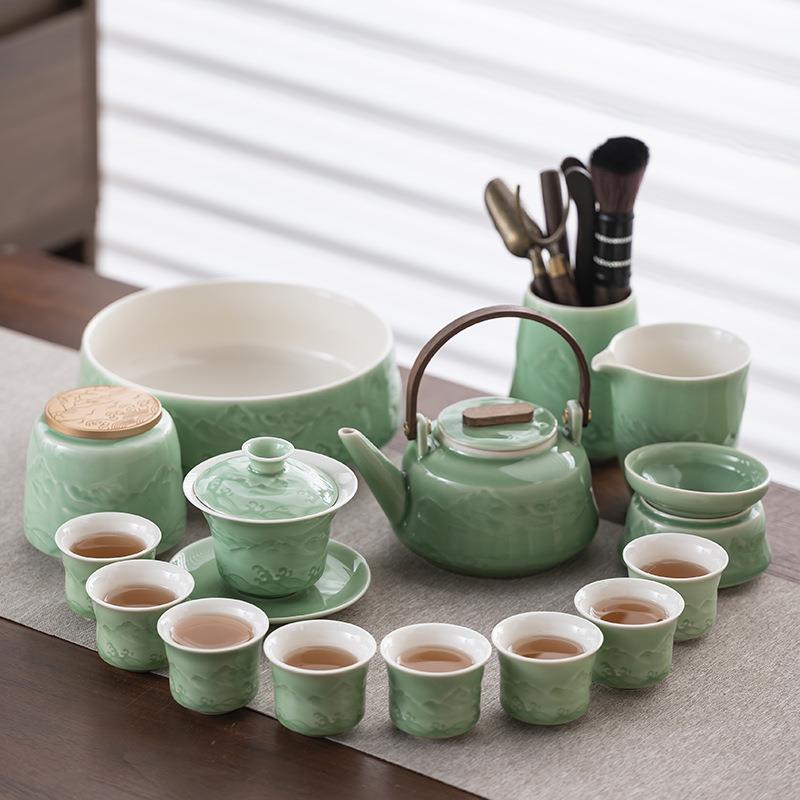 青瓷功夫茶具套装家用公司企业活动礼品陶瓷盖碗提梁壶礼盒装
