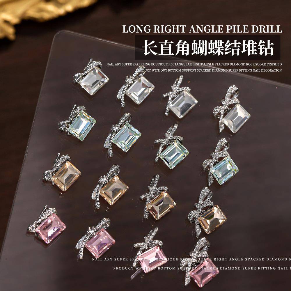 长直角蝴蝶结美甲堆钻成品爆闪白色冰糖银色蝴蝶结侧边堆钻饰品钻