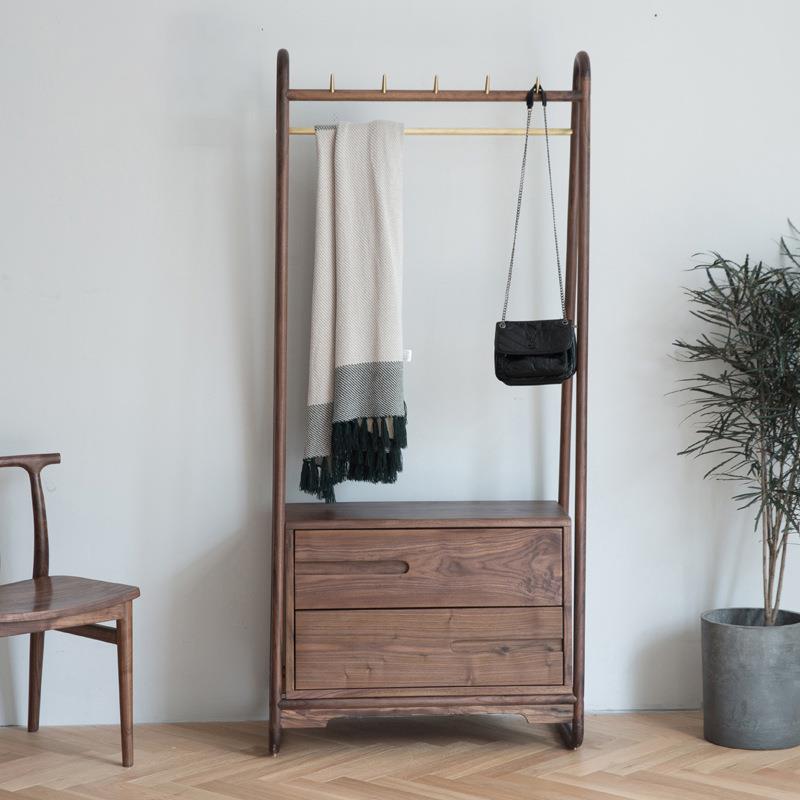 黑胡桃实木落地衣帽架子北欧现代简约卧室挂衣服换鞋凳一体单杆式
