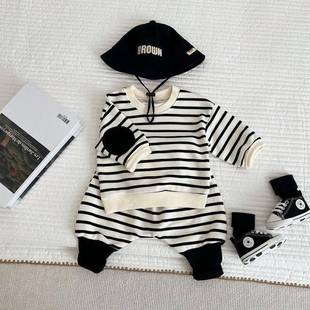 套装 婴幼儿春装 大PP长裤 补丁卫衣 宝宝两件套0082A058 条纹长袖