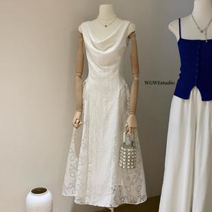 WGWE夏季 复古白月光简约风荡领蕾丝一字肩长裙连衣裙W6178 女法式