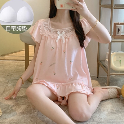 夏季睡衣女生宫廷风带胸垫轻奢云朵棉套装纯欲蕾丝花边宽松家居服