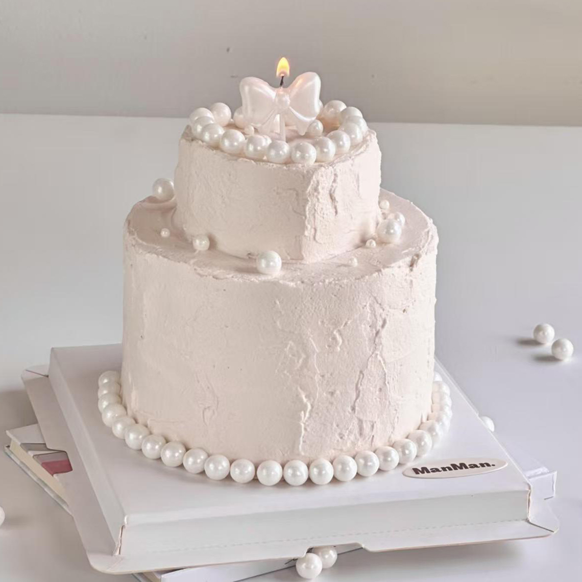 韩系ins珠光白色蝴蝶结蜡烛生日