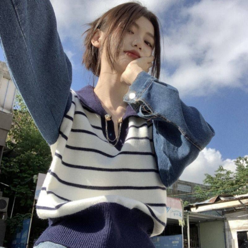 牛仔拼接条纹撞色针织衫女套头春秋装新款韩版宽松设计感洋气上衣