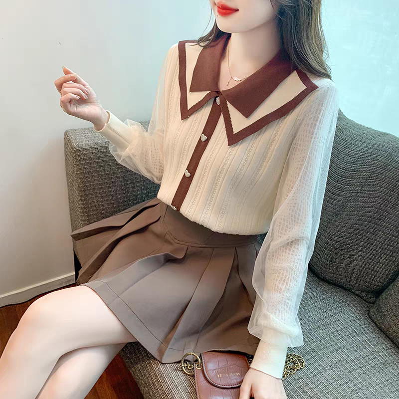 娃娃领蕾丝袖拼接针织打底衫女春秋新款韩版拼色宽松洋气百搭上衣