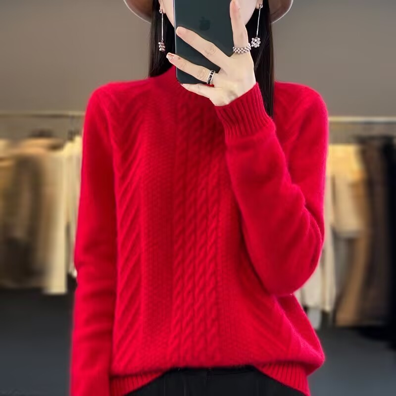 半高领红色加厚麻花针织毛衣女秋冬新款宽松慵懒风洋气百搭打底衫