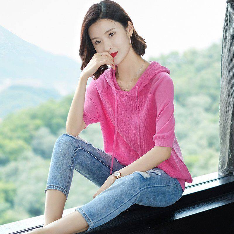 连帽短袖t恤女装夏季装2025年新款半袖t桖带帽上衣女士冰丝针织衫