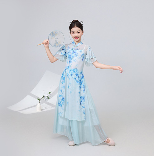 新款女童古典舞蹈演出服青花瓷旗袍套装中国风舞蹈节目表演服元旦