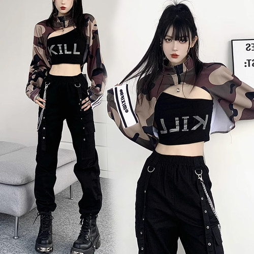 kpop舞蹈女团风打歌服演出服迷彩