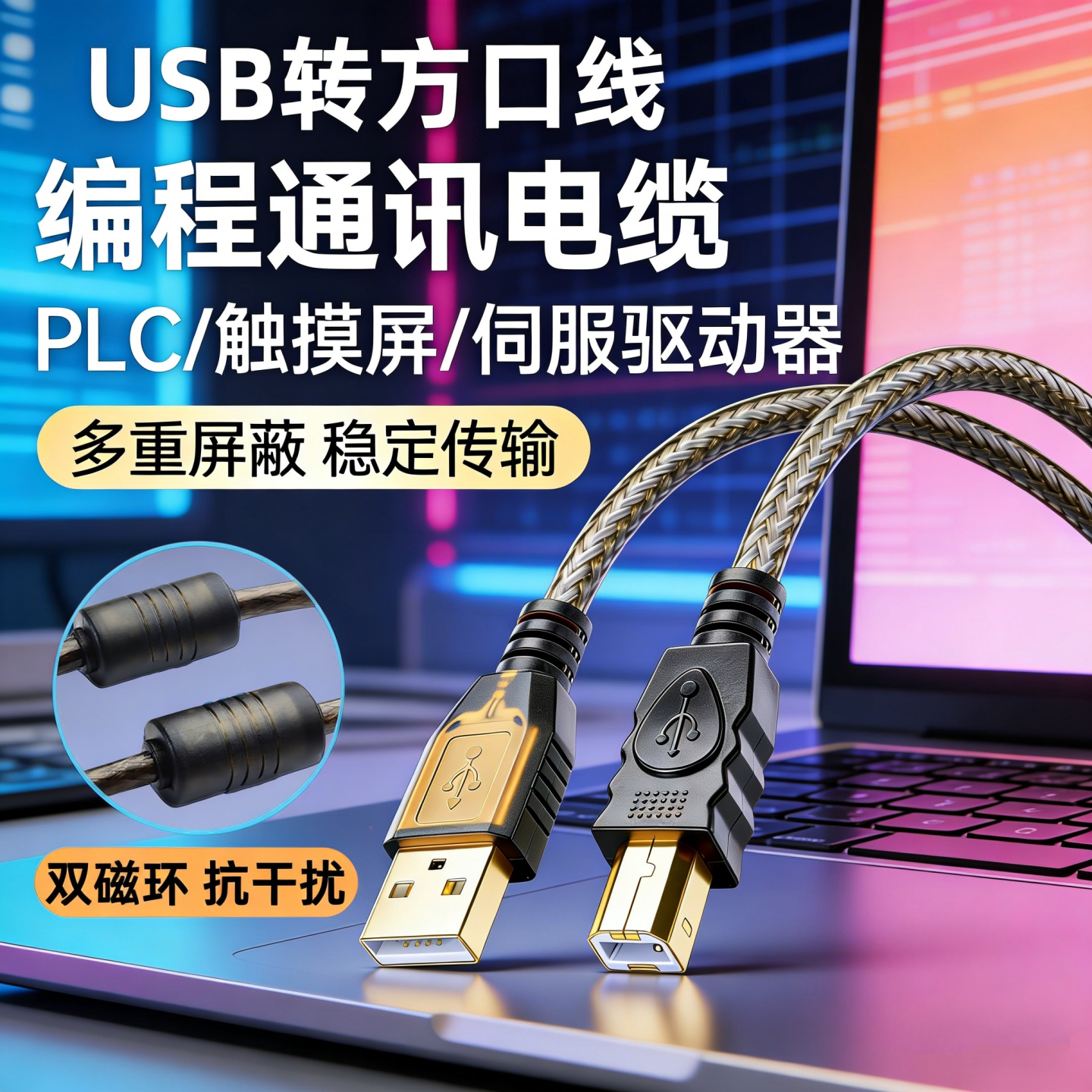 适用昆仑通态信捷台达步科显控触摸屏plc方口数据下载线USB-CP1H