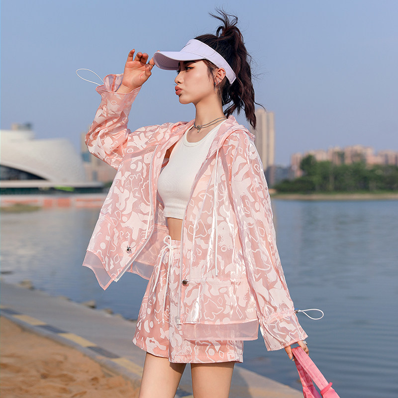 2022夏季新款粉色防晒衣女时尚套装防紫外线透气防晒服短裤两件套