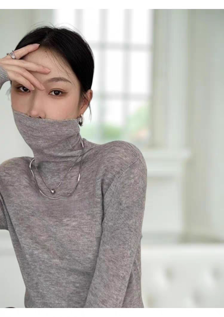 Basic House/百家好咖色羊毛交叉V领长袖针织衫女秋季高级感上衣