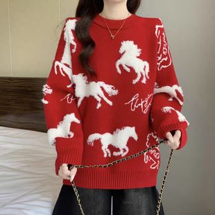 新年圣诞红色毛衣女冬季2025爆新款大码胖mm好看本命年针织衫上衣