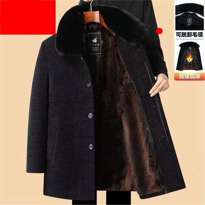 孟惠好物男装秋冬加绒加厚外套雪尼尔毛呢大衣大毛领爸爸装棉衣服