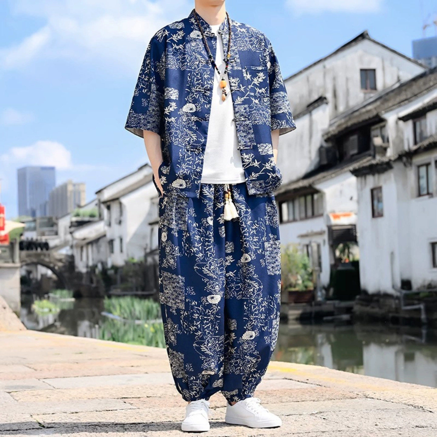 恒之智甄选男装水墨印花套装2026夏季薄款两件套冰丝衬衫中式开衫