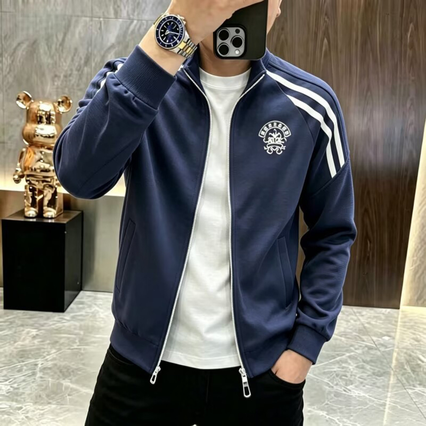 恒之智优选男装欧洲轻奢套装2026秋冬夹克长裤老钱风立领拉链上衣