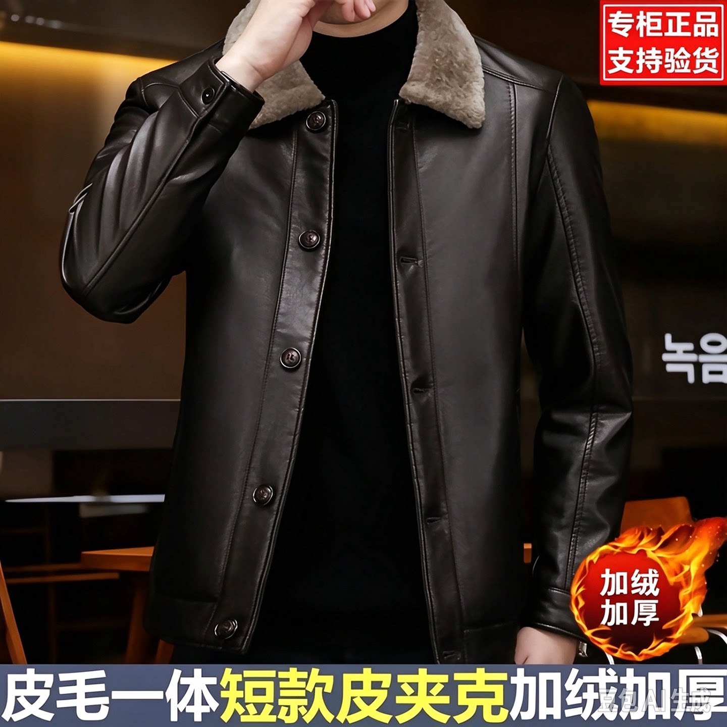 恒之智男装法国真皮皮衣冬季加绒加厚夹克中年爸爸装纽扣翻领外套
