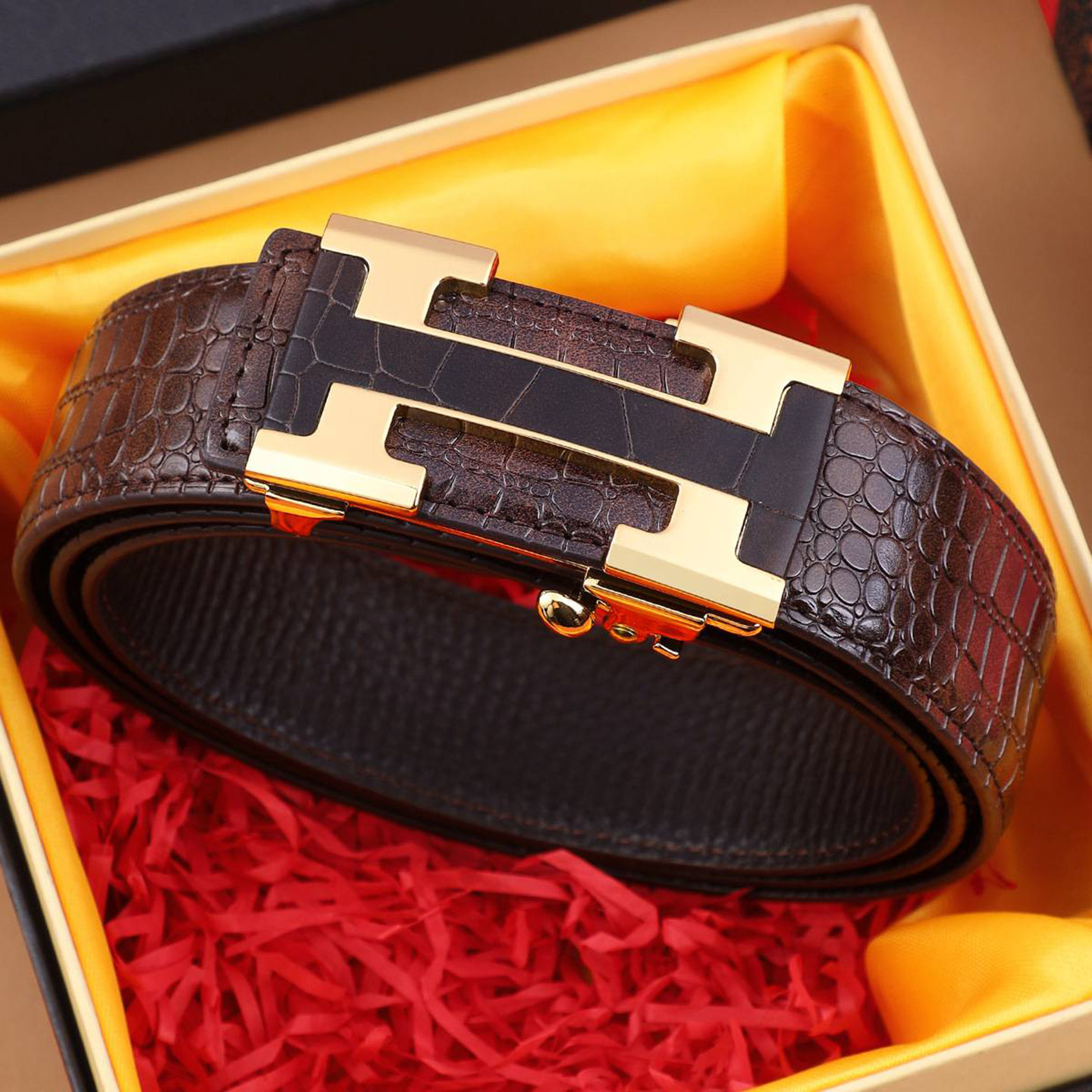 禾轻奢皮带男士高档腰带无牙自动扣鳄鱼纹裤带商务休闲真皮裤腰带