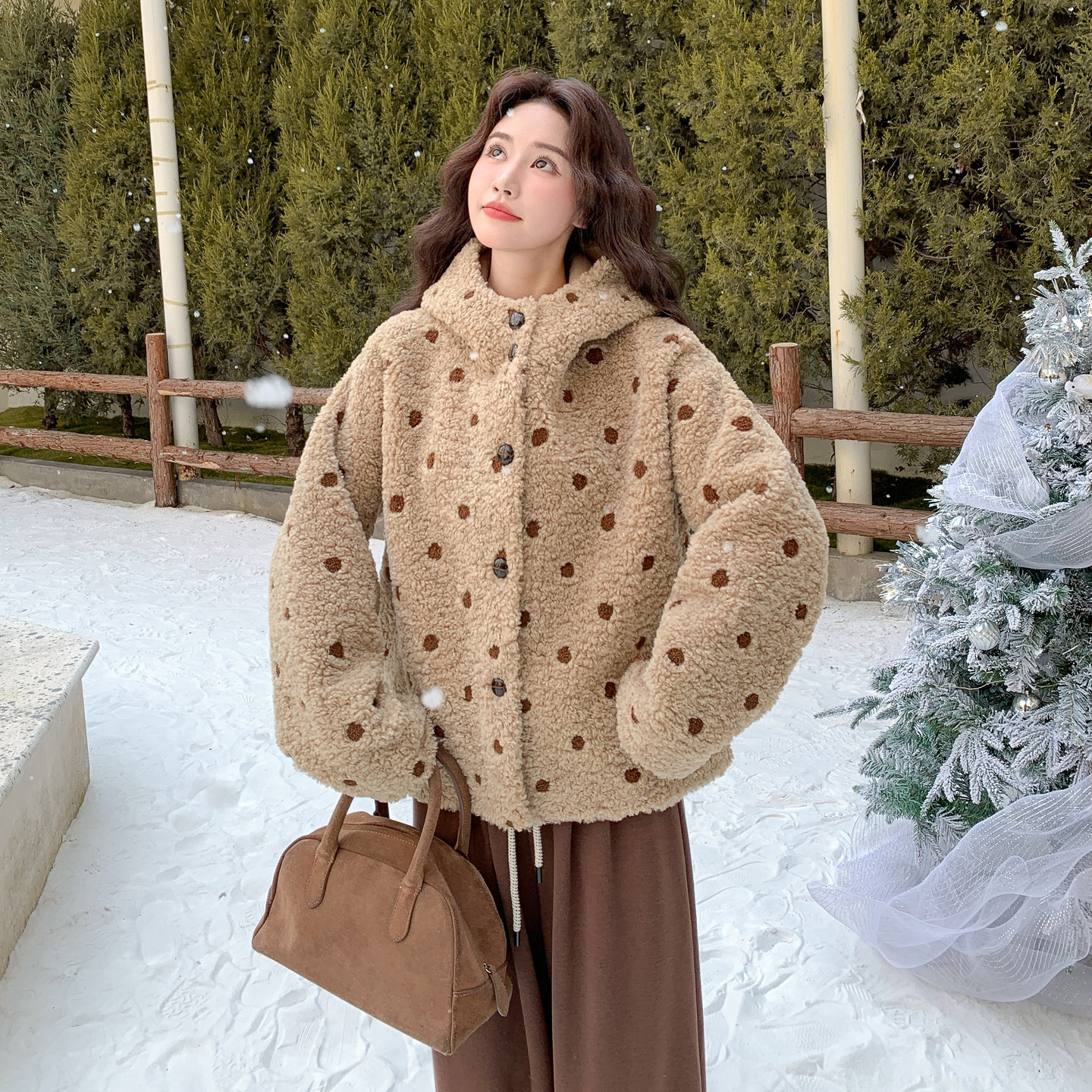 【】新品2D033-Y908-P205-K308波点连帽羊羔毛外套,女装棉衣/棉服,2D033