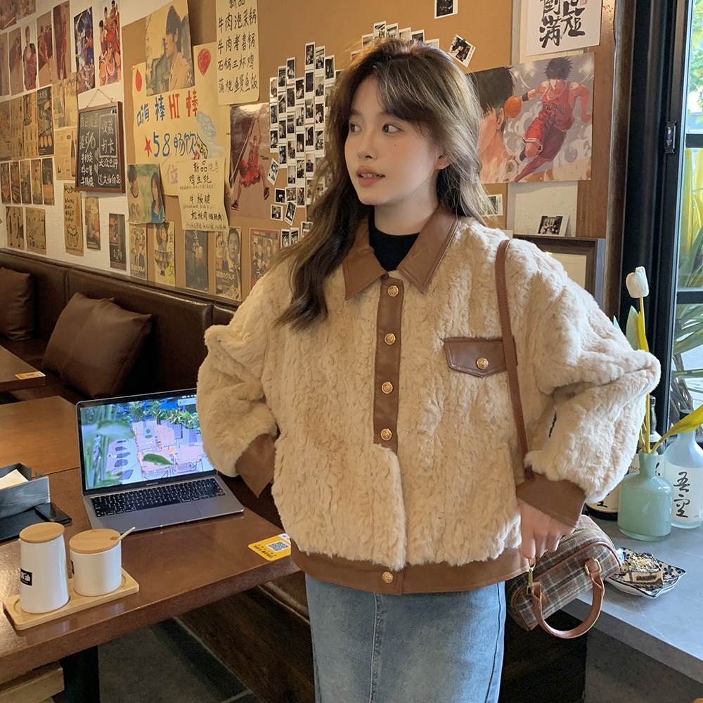 【大货】冬装2D033-Y087-P195-K288皮质拼接羊羔毛附买家秀，女装棉衣/棉服，2D033