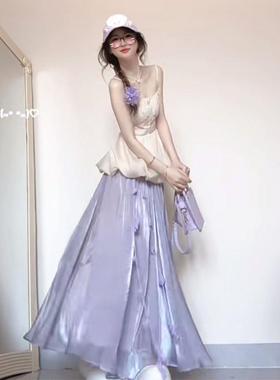 杨梅闲闲穿搭套装海边度假温柔风甜美吊带上衣紫色半身裙两件套裙