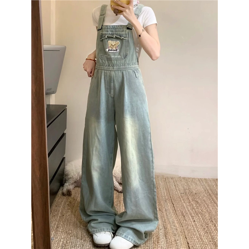 可爱小熊刺绣牛仔背带裤女2025
