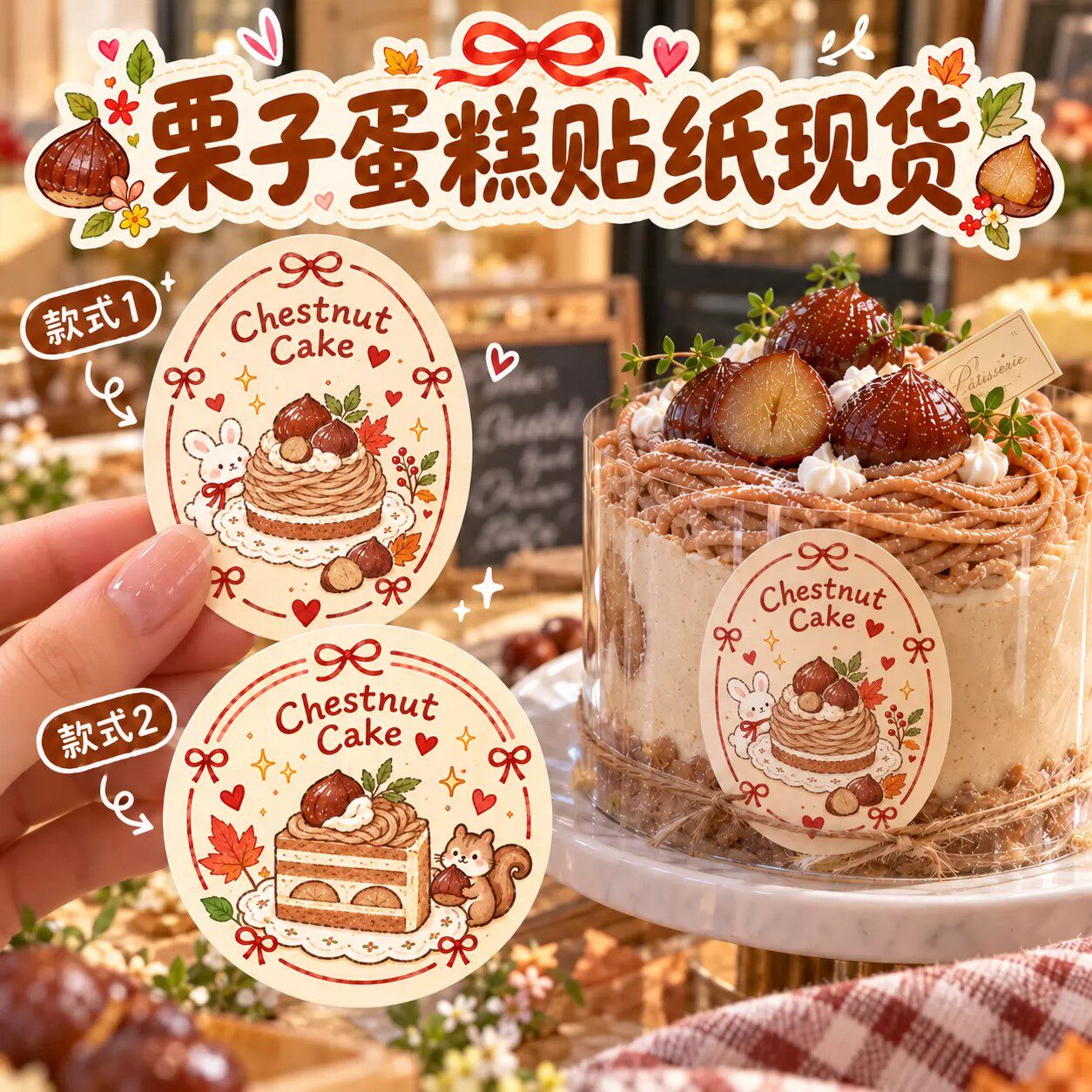 秋日栗子蛋糕贴纸现货圆形私房烘焙甜品标签铜版纸覆膜不干胶贴纸