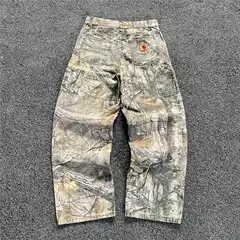 Cross-Border 2025 Carhartt Summer Washed Camouflage Pants with Tree Branch Design, American-Style Vintage Wide-Leg Loose Straight Jeans