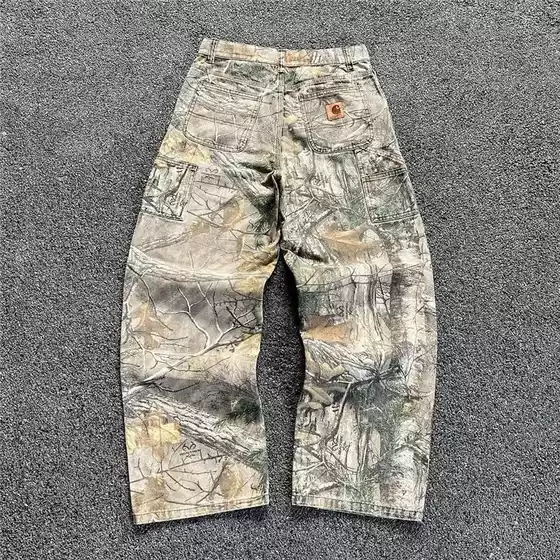 Cross-Border 2025 Carhartt Summer Washed Camouflage Pants with Tree Branch Design, American-Style Vintage Wide-Leg Loose Straight Jeans