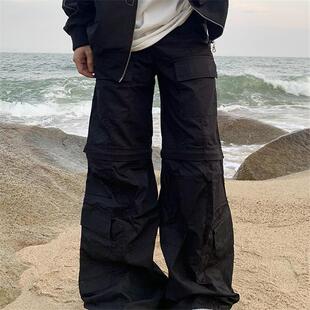 巴黎风格Flared Cargo多口袋可拆卸工装裤男女宽松阔腿喇叭休闲裤