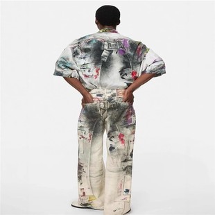 2025新版本AC风格25SS彩绘涂鸦泼墨牛仔长裤工装裤宽松直筒阔腿裤