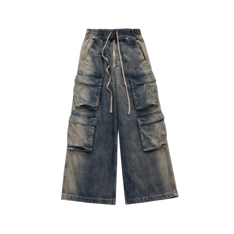thumbnail for The correct untouched version RO style capper with the same style of wide-leg washed blue jeans gradient men's and women's overalls