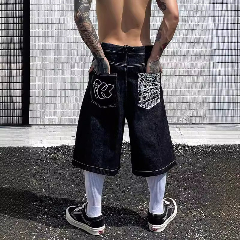 美式西海岸牛仔短裤男夏季2024年新款潮牌宽松水洗剪裁五分休闲裤图片