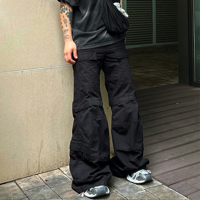 高街cargo口袋喇叭工装裤男巴黎风格Travis Scott ts打褶同款宽松