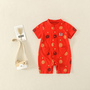 国潮醒狮婴儿满月服百天周岁礼服新生儿连体衣 短袖 6038 夏季 新款