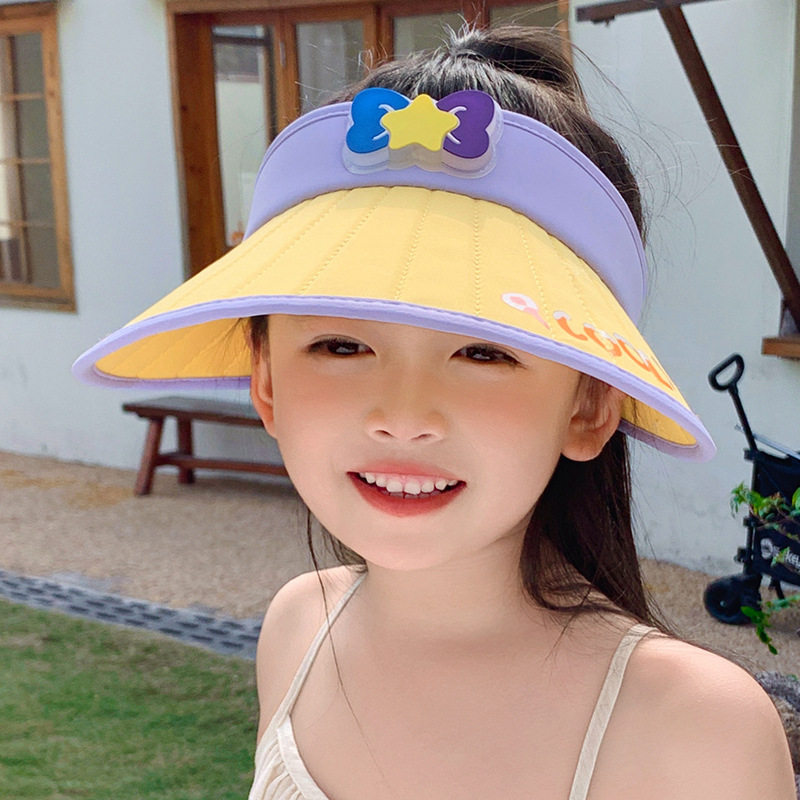 防晒帽女童夏季防紫外线遮阳帽孩子蝴蝶空顶遮脸大檐骑车太阳帽潮