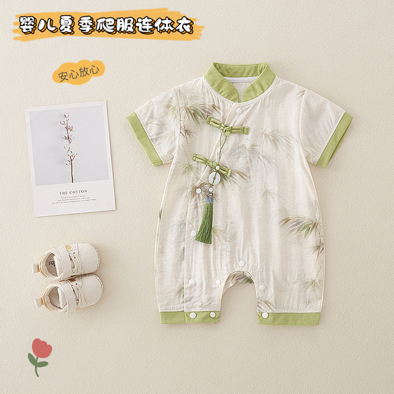 夏季新款婴儿连体衣男童中式复古