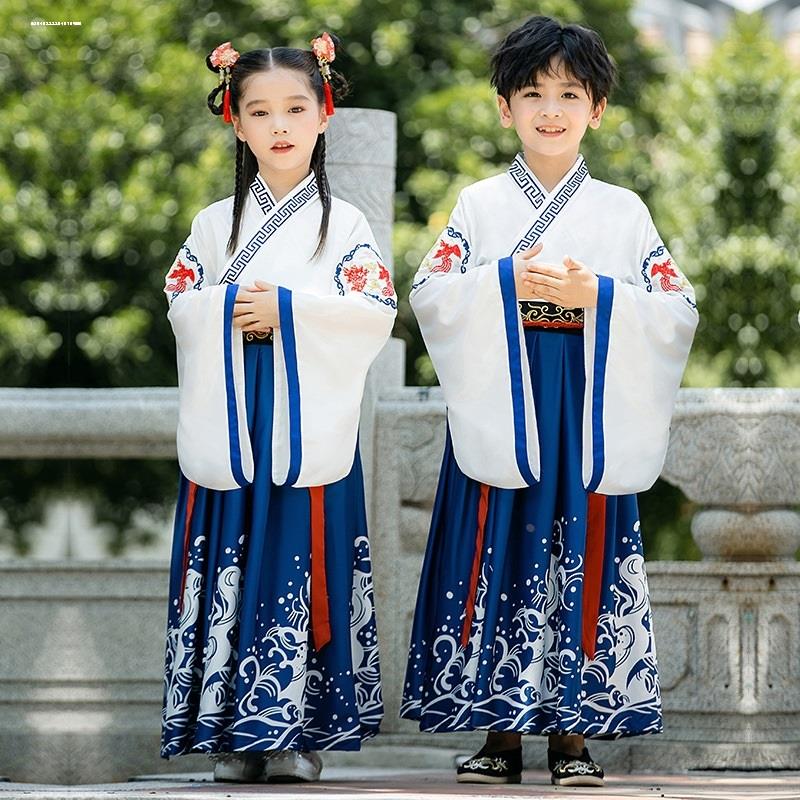 国学服装儿童古装汉服表演新学堂歌弟子规三字经古诗歌朗诵演出服