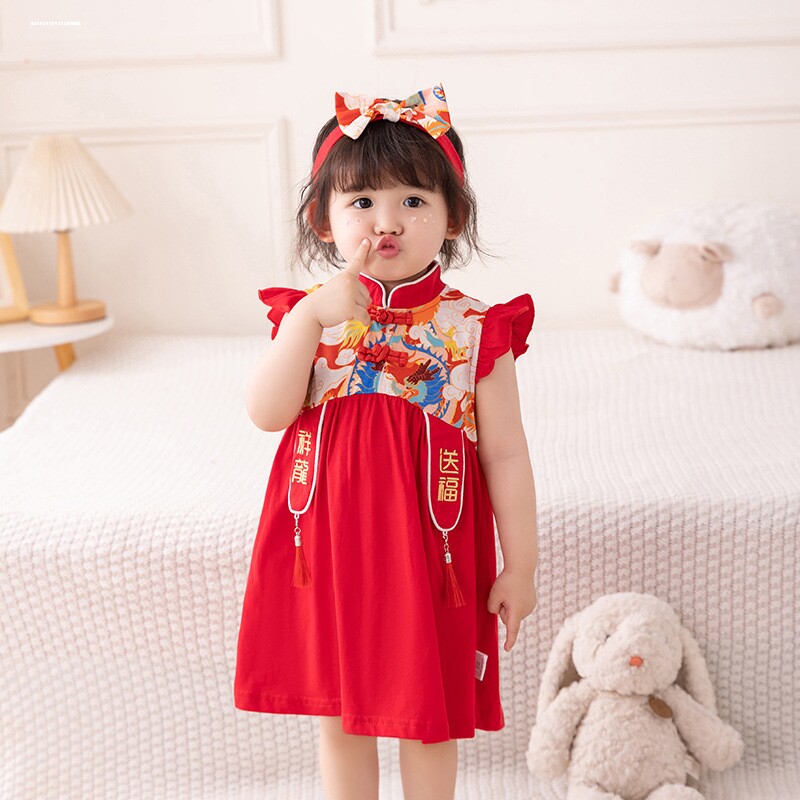 周岁礼服女宝宝抓周婴儿公主裙夏季百天百日宴女宝夏装红色连衣裙